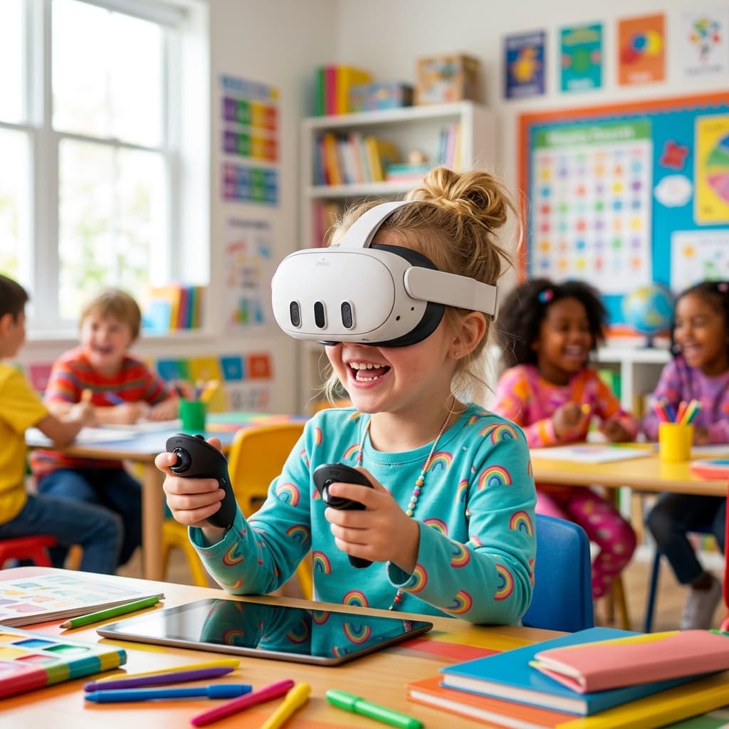Criança utilizando Oculus Quest 3S na escola