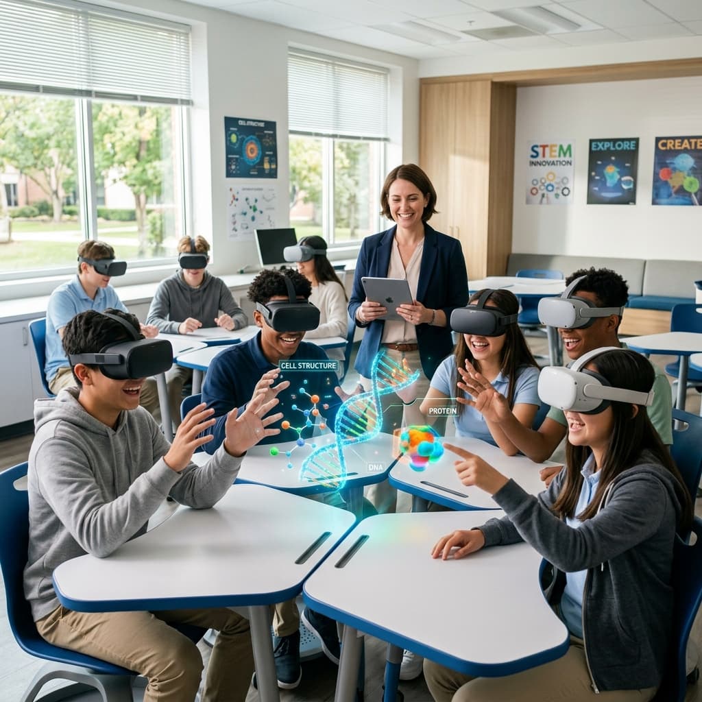Alunos utilizando Realidade Virtual em sala de aula